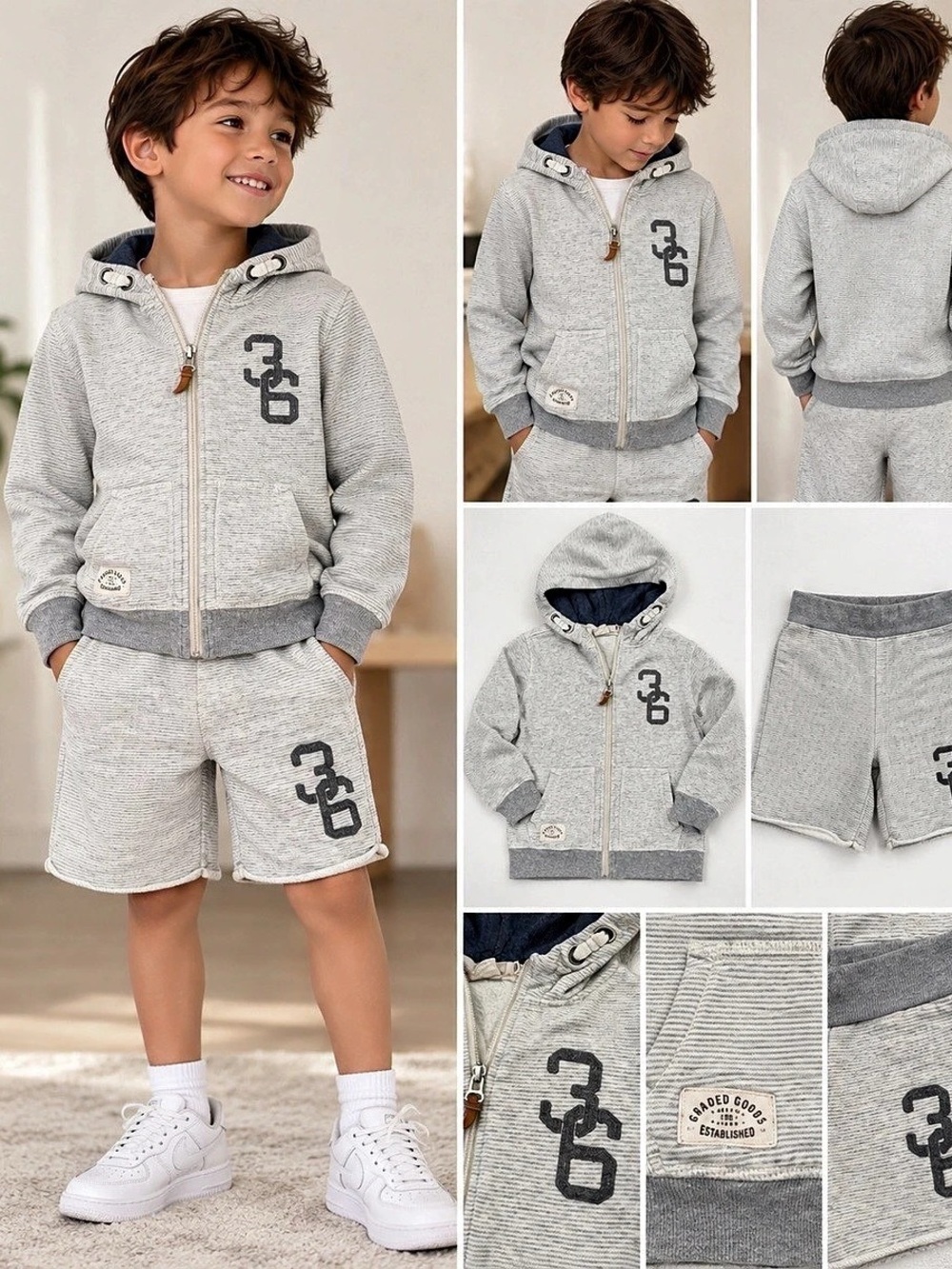 H&M L.O.G.G. Boys 5-6Y Gray Hoodie Shorts 2 Piece Set Zip Sweatshirt